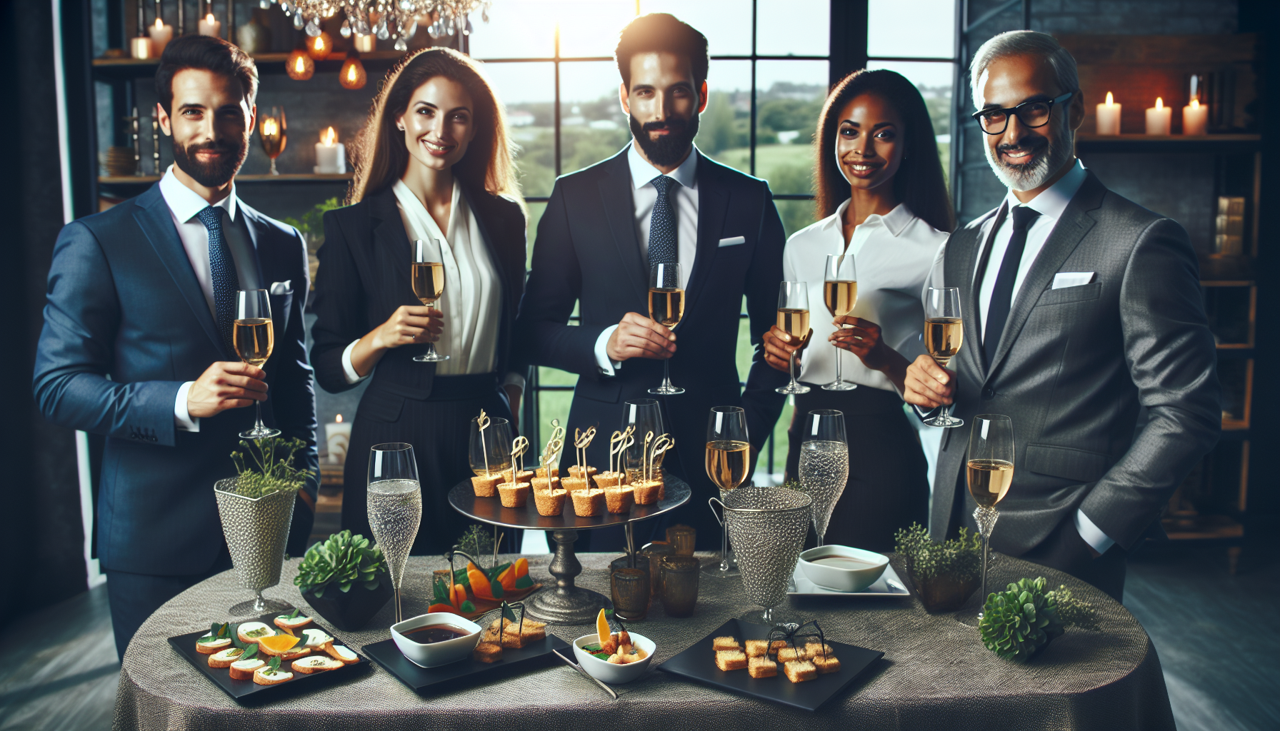 Una imagen elegante de un cóctel corporativo con bebidas y aperitivos dispuestos en una mesa decorada, reflejando un ambiente profesional y sofisticado.