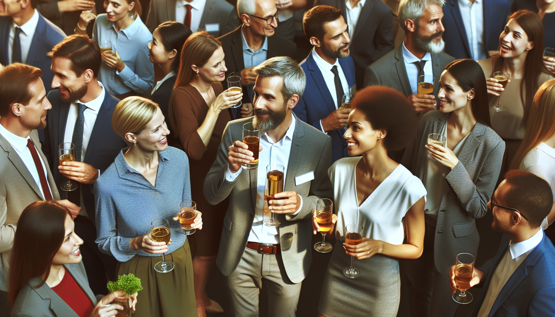 Imagen de un grupo de personas en un evento corporativo, interactuando y disfrutando de bebidas. La escena debe mostrar un ambiente positivo y profesional.
