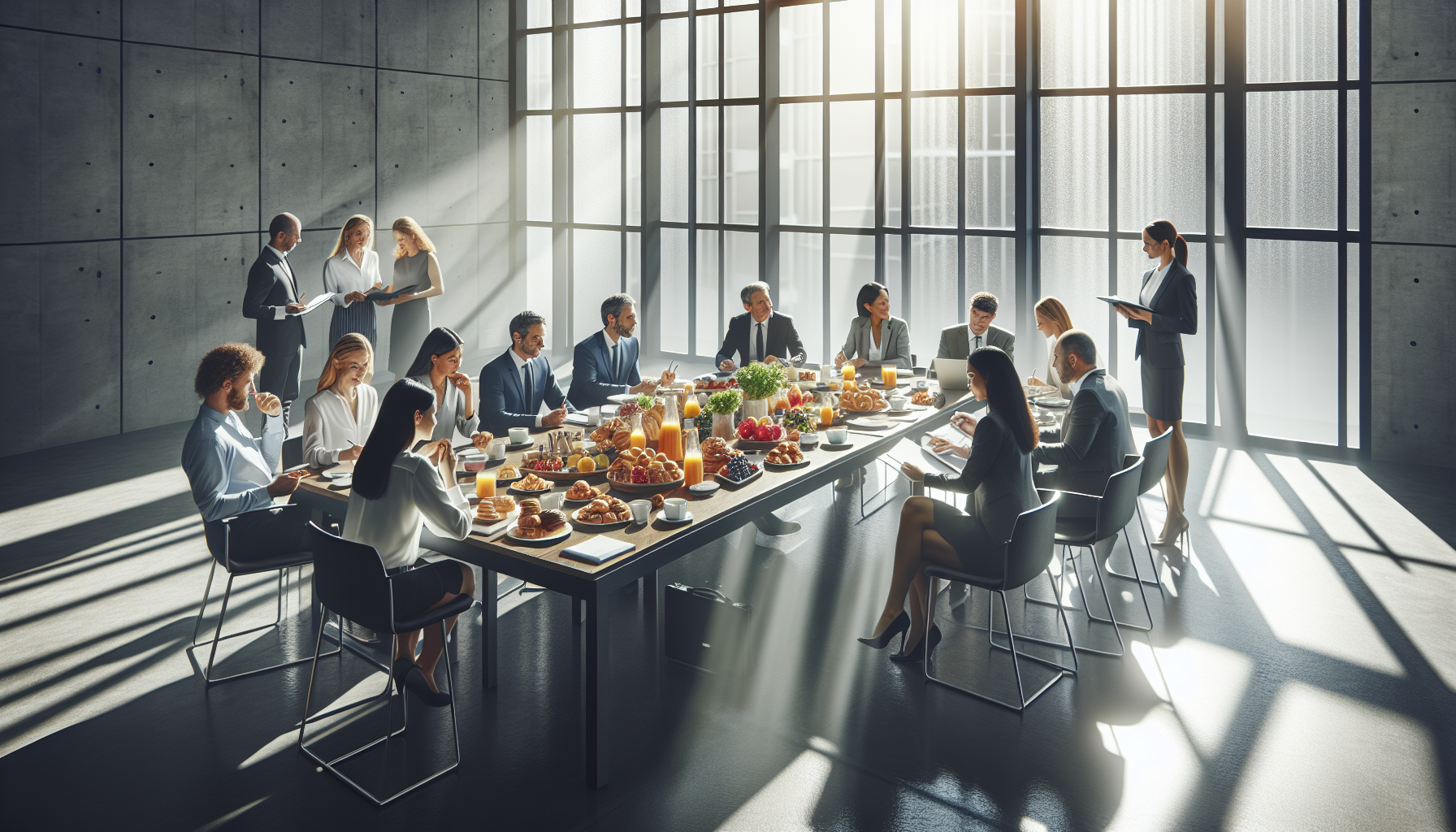 Imagen de una sala de conferencias moderna con una mesa llena de desayunos empresariales variados y empleados interactuando.