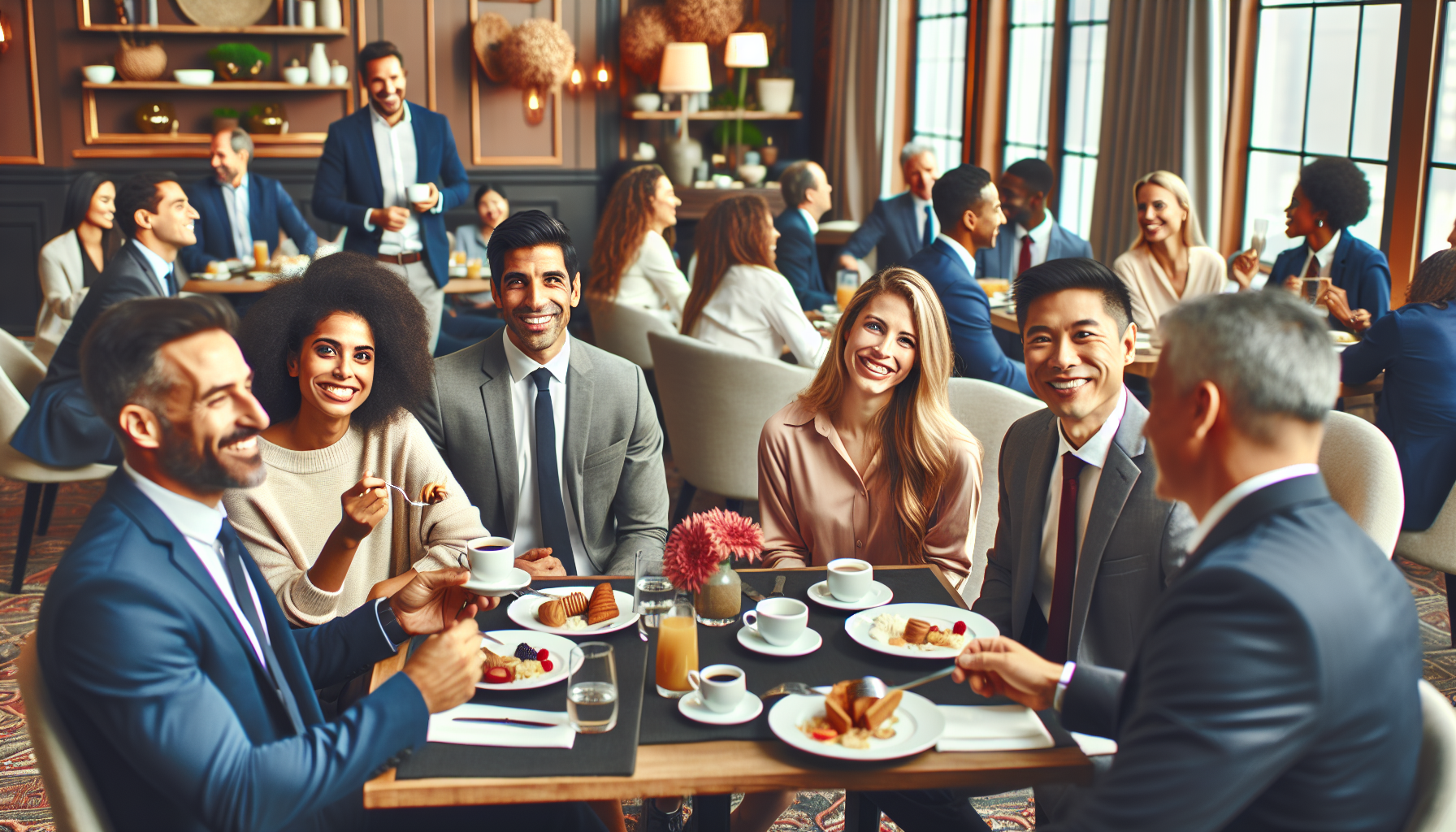 Fotografía de empleados en un desayuno corporativo conversando alegremente en una sala bien decorada y acogedora.