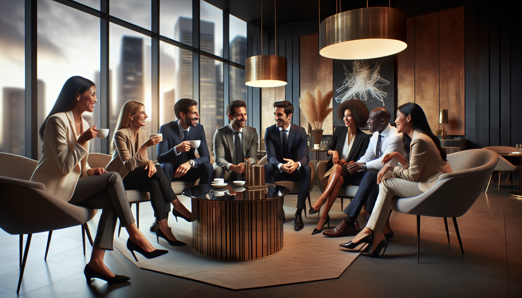 un grupo de profesionales disfrutando un coffee break en un entorno corporativo elegante