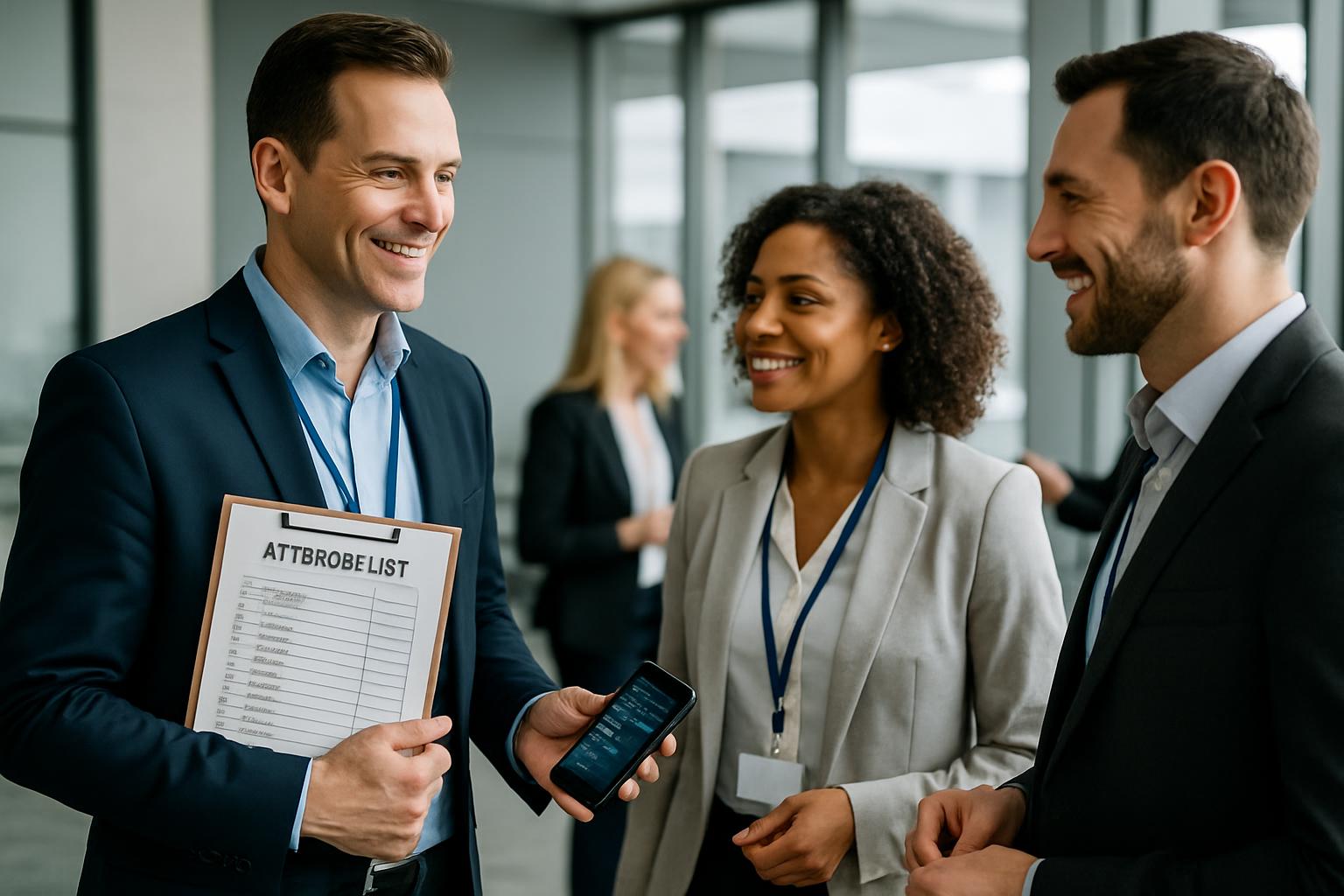 organizador de evento empresarial con lista de asistentes y tecnología móvil, ambiente moderno y profesional, interacción ent organizador de evento empresarial con lista de asistentes y tecnología móvil, ambiente moderno y profesional, interacción ent