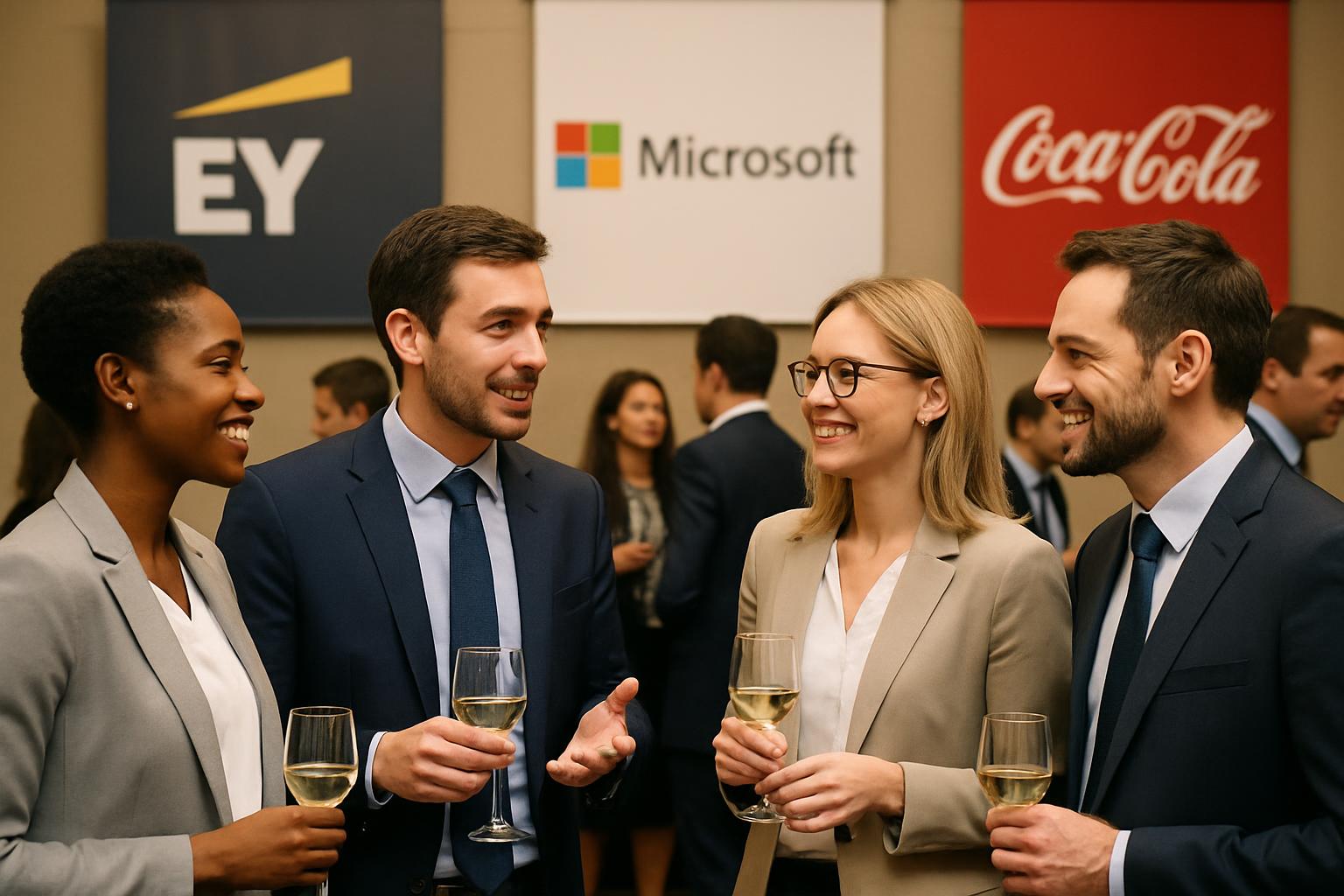 un grupo de profesionales interactuando en un cóctel empresarial, fondos con pancartas de marcas reconocidas, ambiente formal un grupo de profesionales interactuando en un cóctel empresarial, fondos con pancartas de marcas reconocidas, ambiente formal