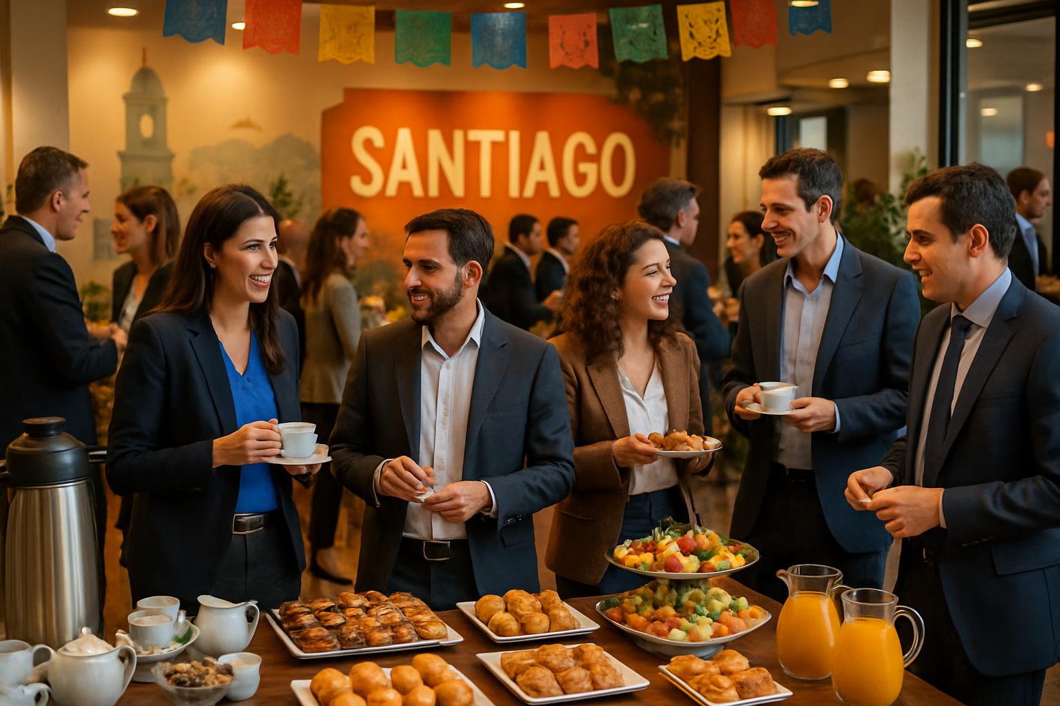 coffee break en evento empresarial en Santiago con decoraciones temáticas, mesas de catering con variedad de alimentos y bebi