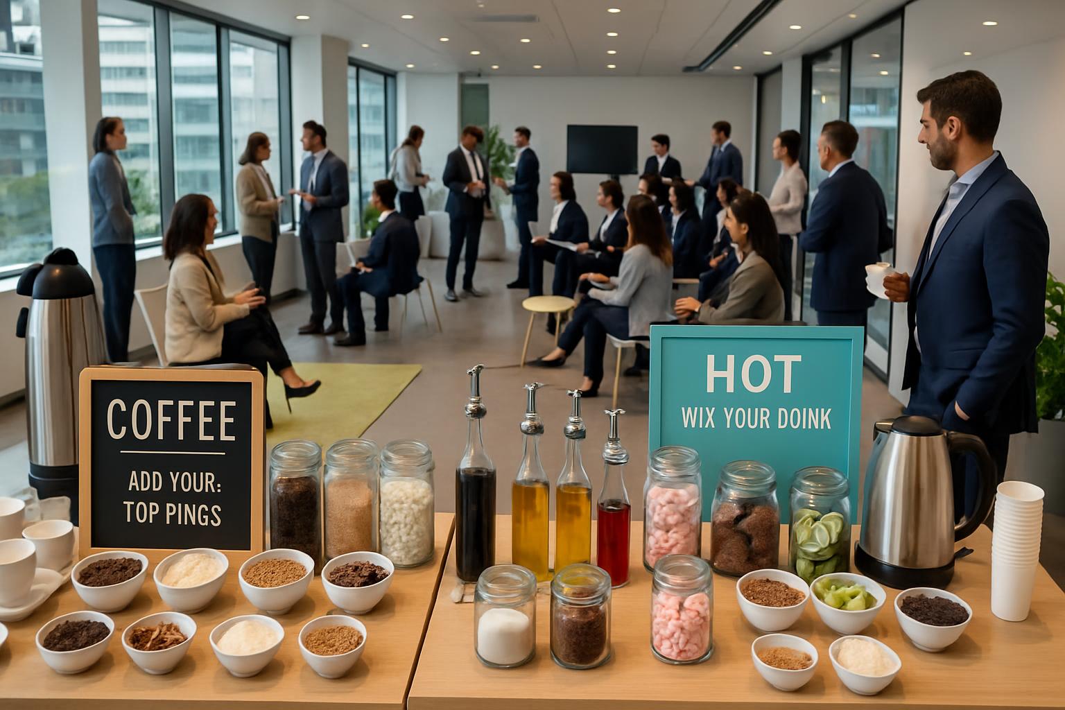 elementos de un coffee break corporativo en Santiago, con estaciones interactivas para que los asistentes personalicen sus be