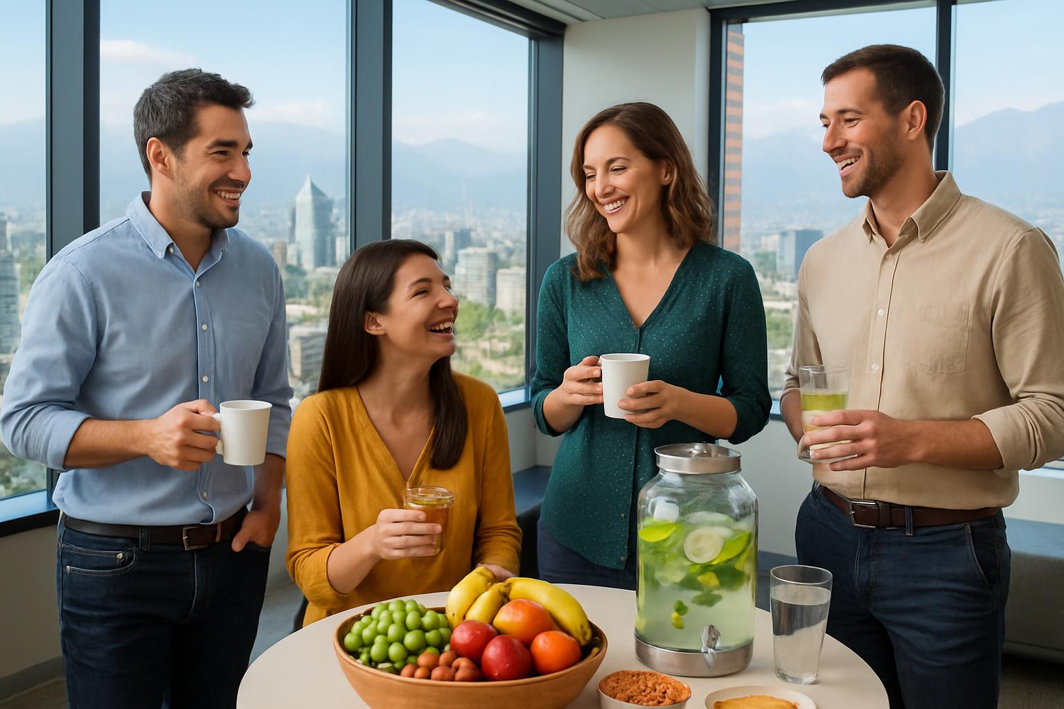 Imagen de empleados disfrutando un coffee break saludable en una oficina moderna en Santiago, rodeados de frutas frescas, agu Imagen de empleados disfrutando un coffee break saludable en una oficina moderna en Santiago, rodeados de frutas frescas, agu