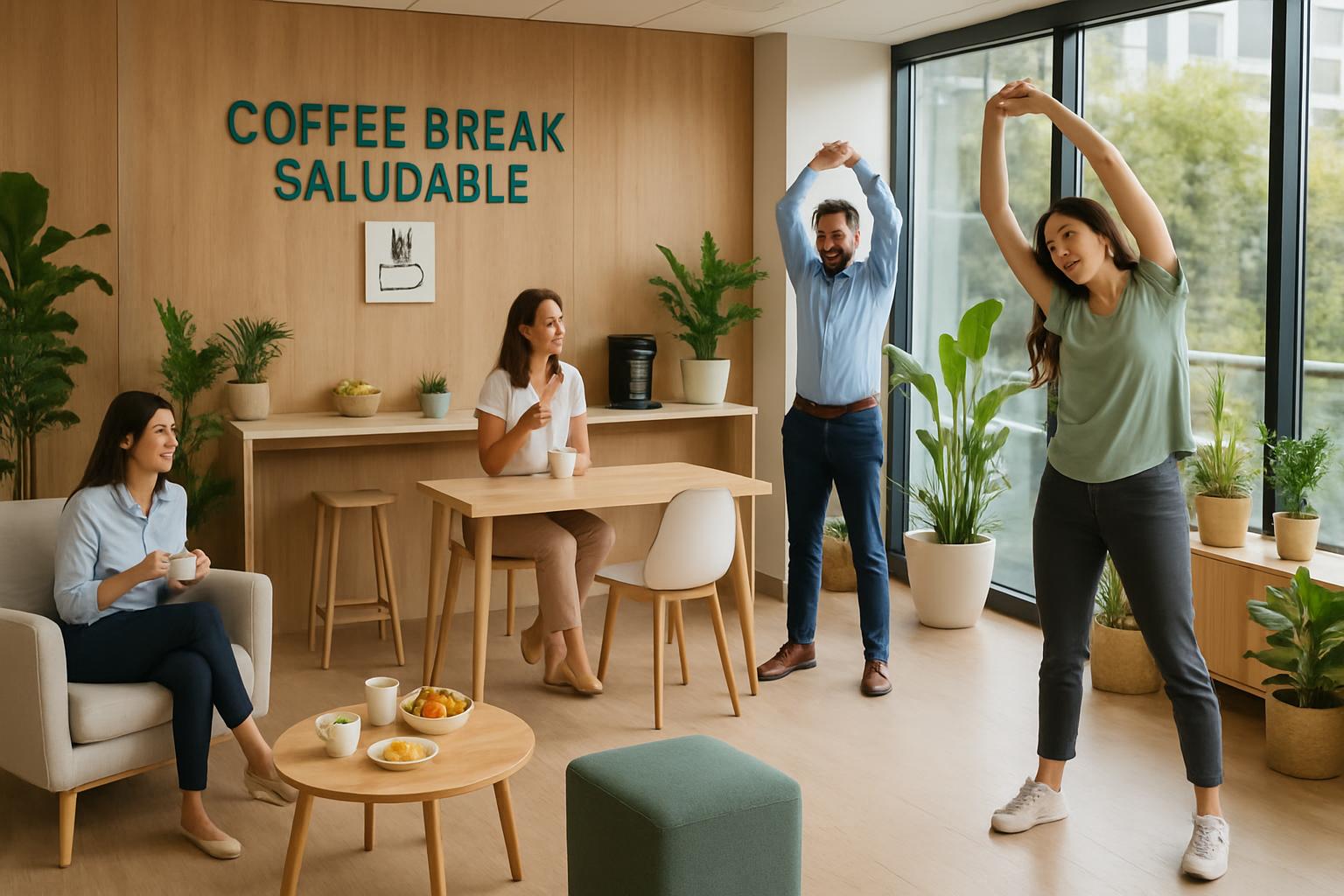 Imagen de un espacio moderno para coffee break saludable en una empresa de Santiago, con muebles confortables, decoración nat Imagen de un espacio moderno para coffee break saludable en una empresa de Santiago, con muebles confortables, decoración nat