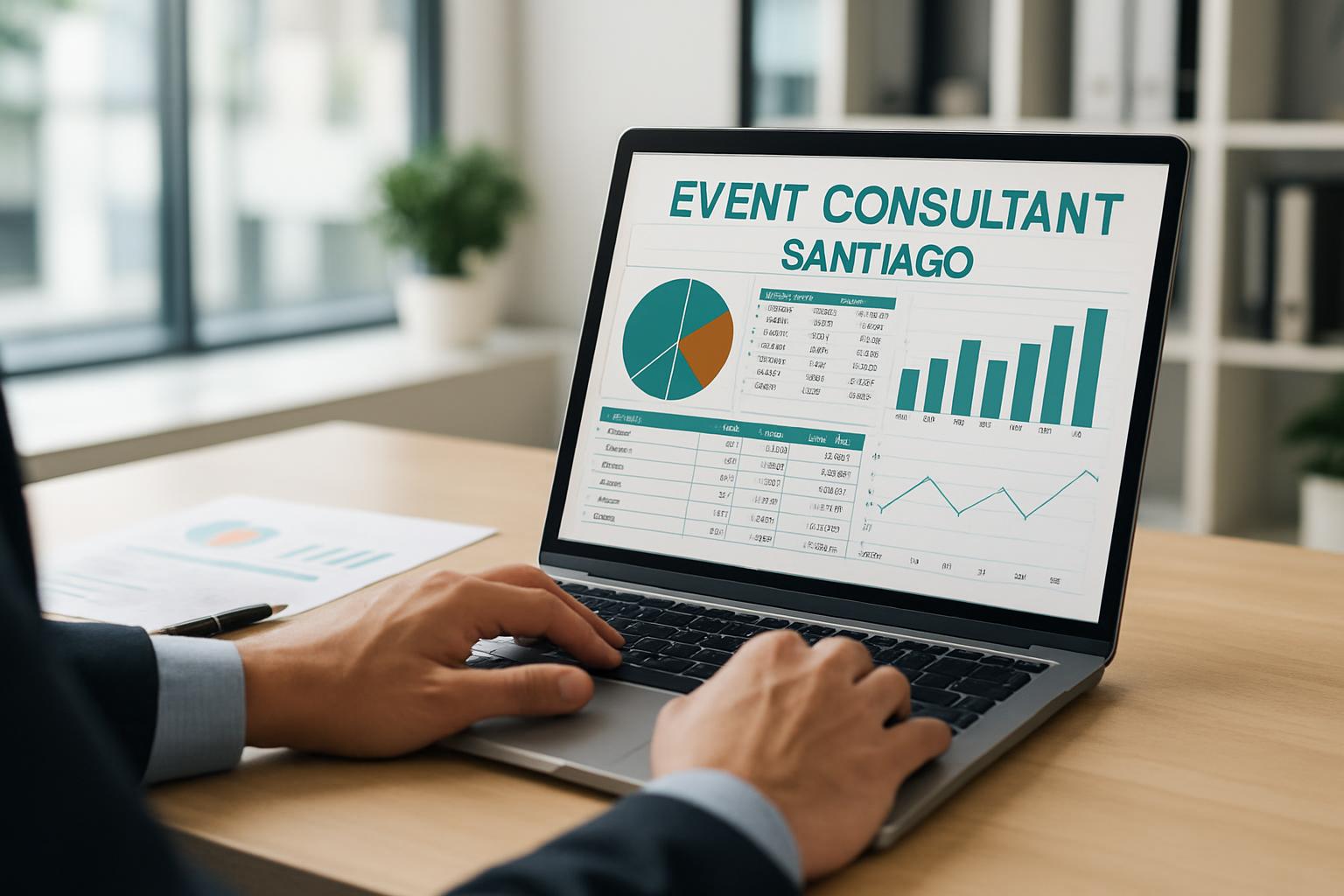 Detalle de un consultor de eventos trabajando en una laptop con hojas de cálculo para una cotización de eventos en Santiago, 