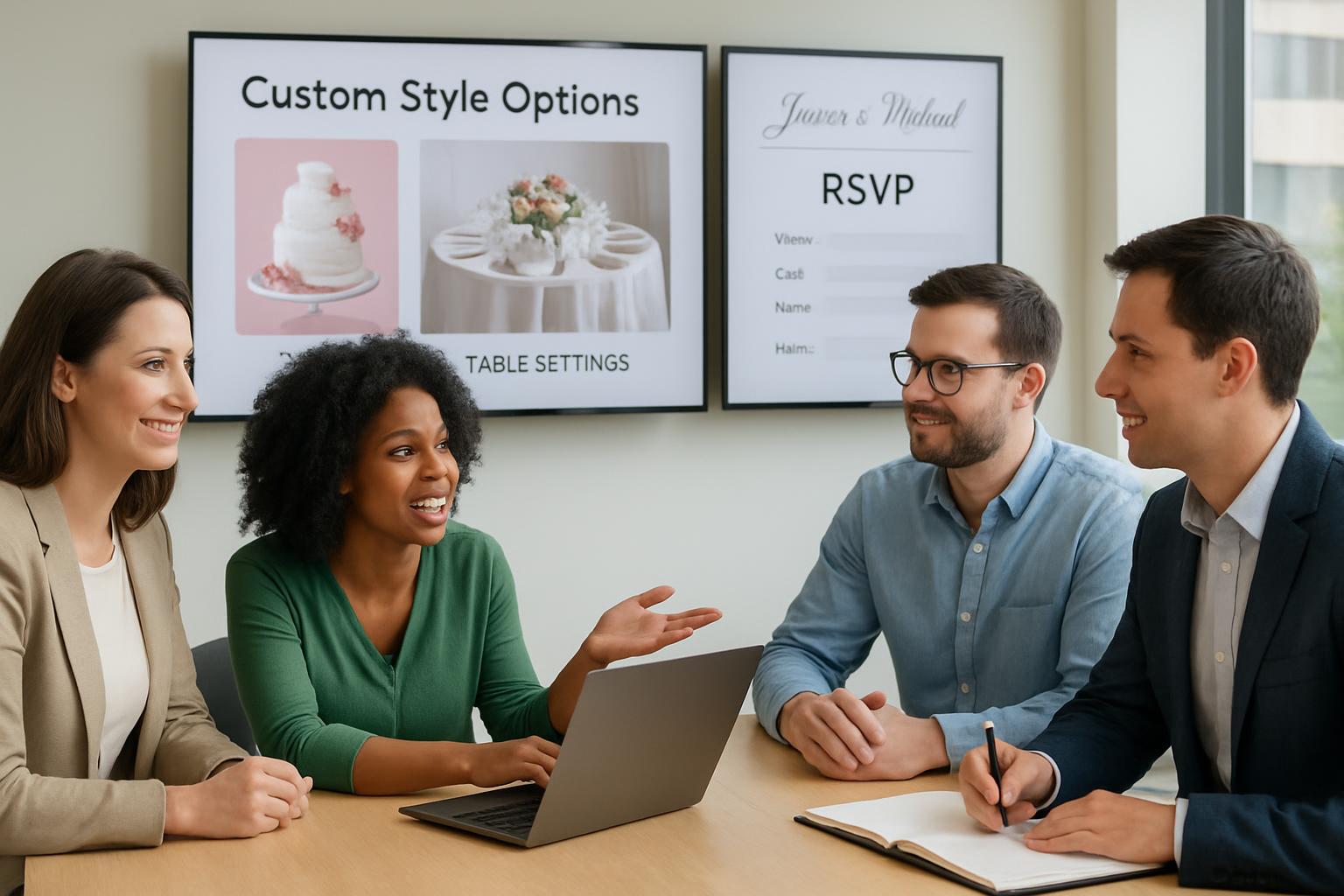 Vista interactiva de una reunión de planificación de eventos donde se negocian detalles personalizados, con clientes y organi