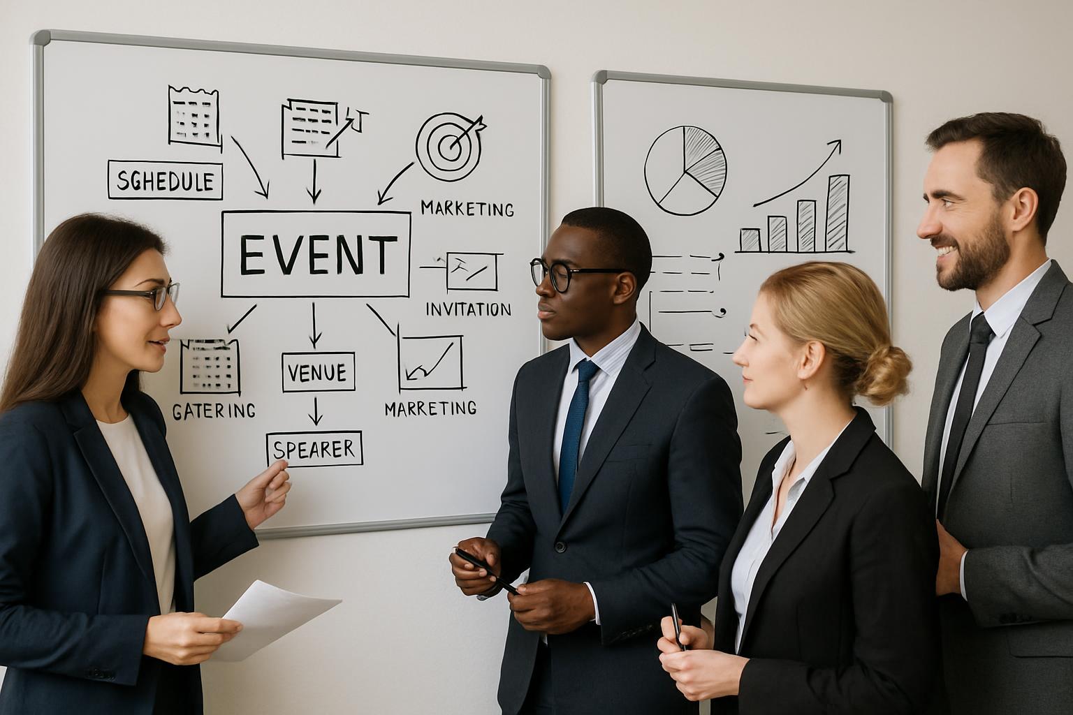 ejecutivos estratégicamente planificando un evento empresarial, diagramas en pizarras blancas, entorno colaborativo