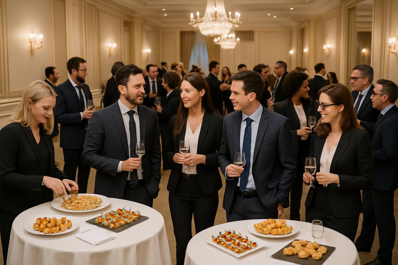 "Organizando un coctel empresa en un salón elegante, mesas con aperitivos y empleados socializando en un ambiente profesional