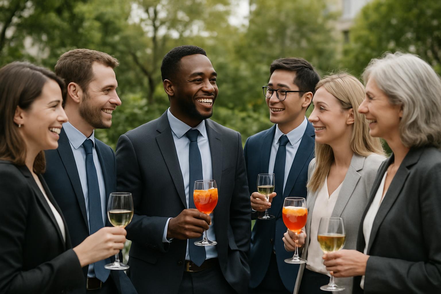 "Empleados de una empresa participando en un coctel corporativo al aire libre, disfrutando de bebidas mientras conversan en u